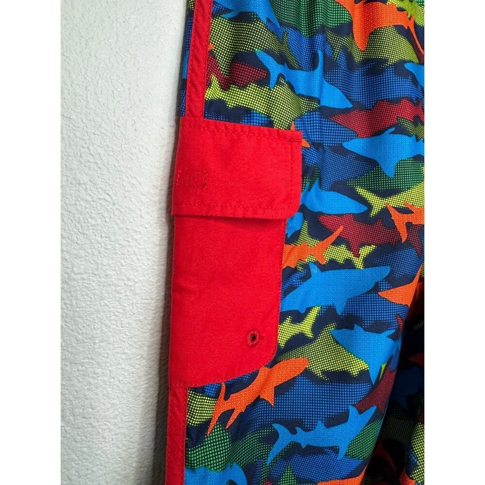 Lands End Boys XL Cargo Pocket Swim Trunks Deep Sea Navy Blue Multi Sharks NWOT